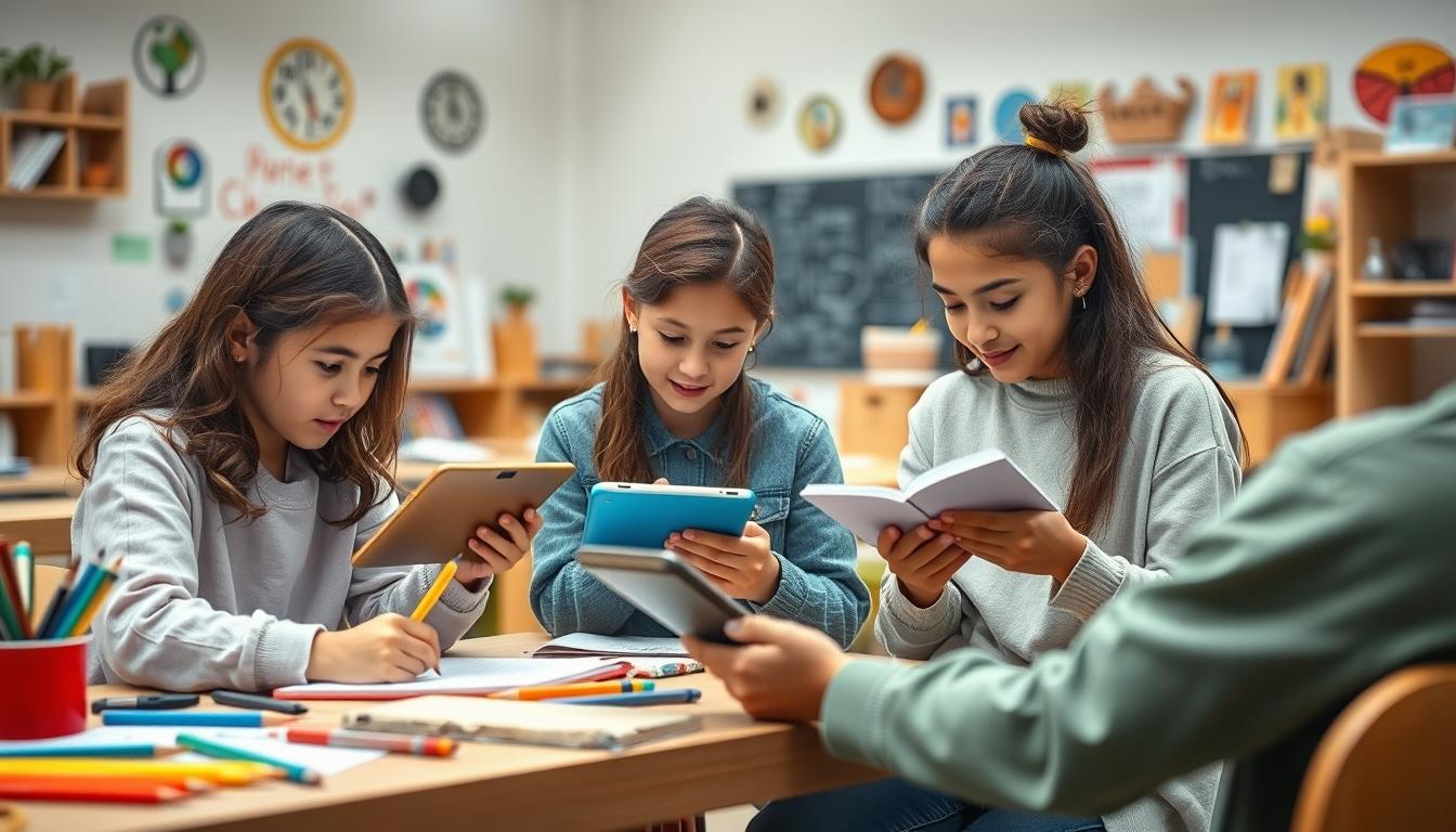 Students studying together in modern classroom